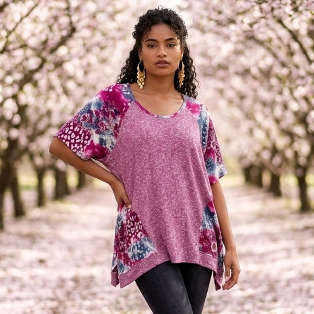 Plus 4XL Pink Floral Ribbed Knit Top Asymmetrical Hem Boho Flowy Tunic Dopamine